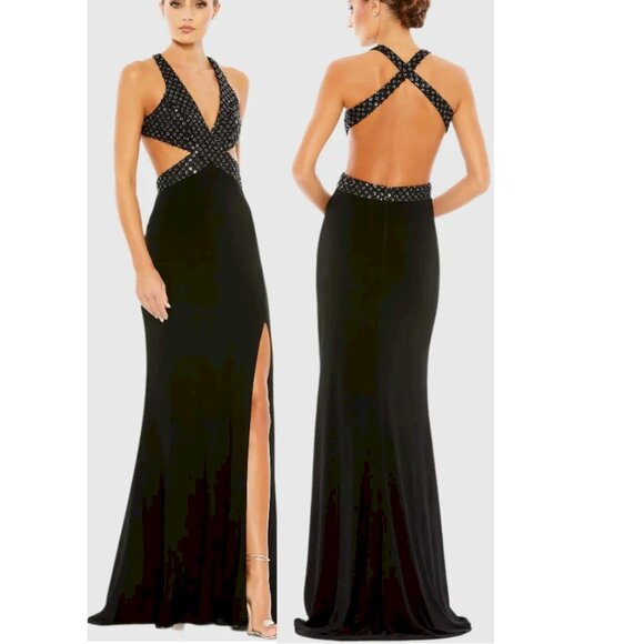 Mac Duggal 68166 Black Floral Sequined Criss Cross Bodice Gown Size 12 NEW - Picture 6 of 8